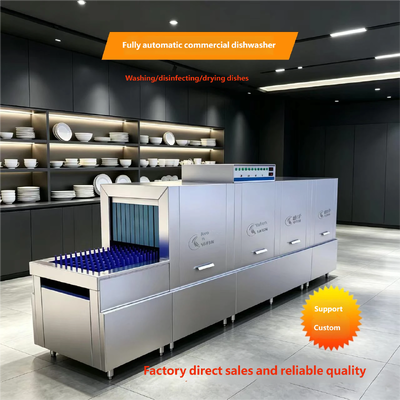 Large Conveyor Flight-Type Dishwasher, 304 Stainless Steel, Continuous Automatic Washing Line for Plates and Bowls Used in Factory Central Kitchens
