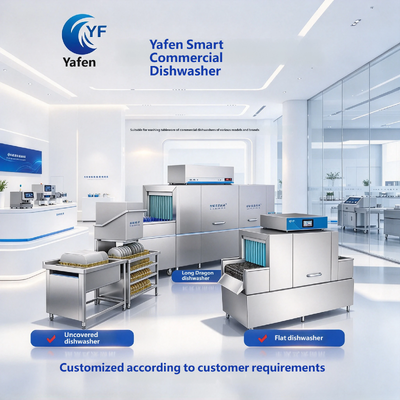Yafen provides commercial dishwashers in various models and sizes. Our 5.2m flight type dishwasher equipped with pre-soak tank is perfectly designed to handle heavy tableware workload during peak hour